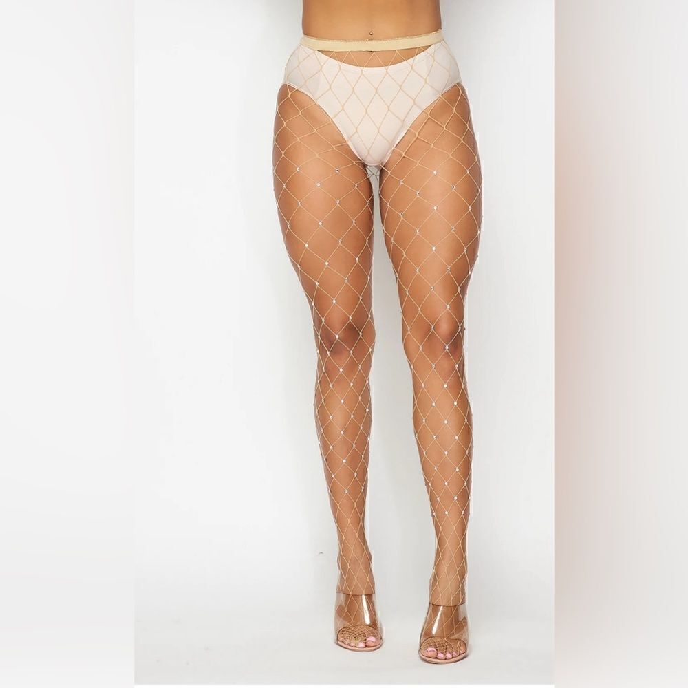 Nude rhinestones wide fishnet hosiery tights stockings